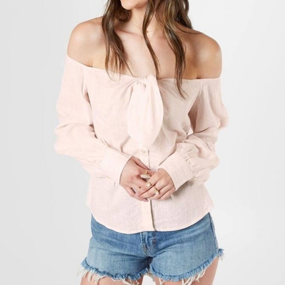 Free People Women's Linen Striped Off Shoulder Tie Hello There Beautiful Top M - Picture 1 of 7